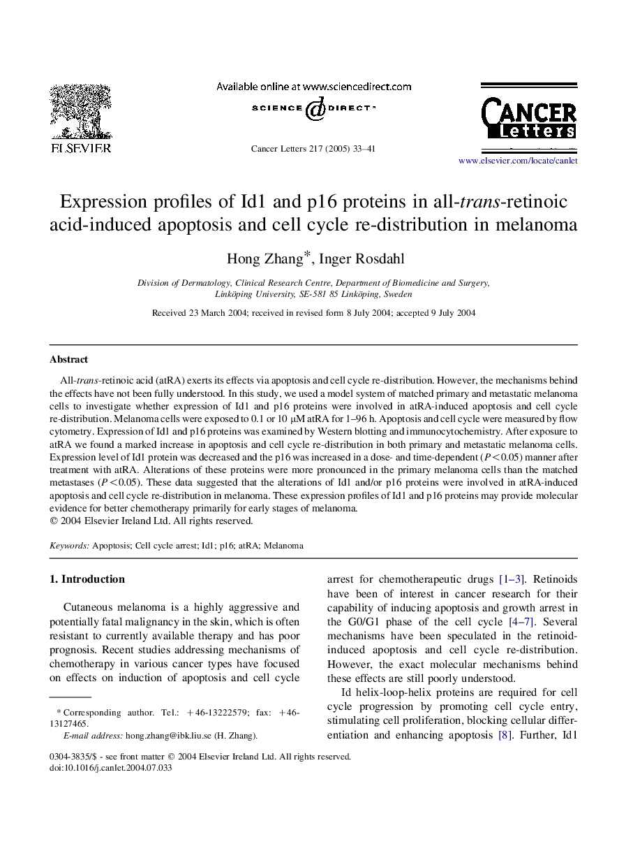 Expression profiles of Id1 and p16 proteins in all-trans-retinoic acid-induced apoptosis and cell cycle re-distribution in melanoma