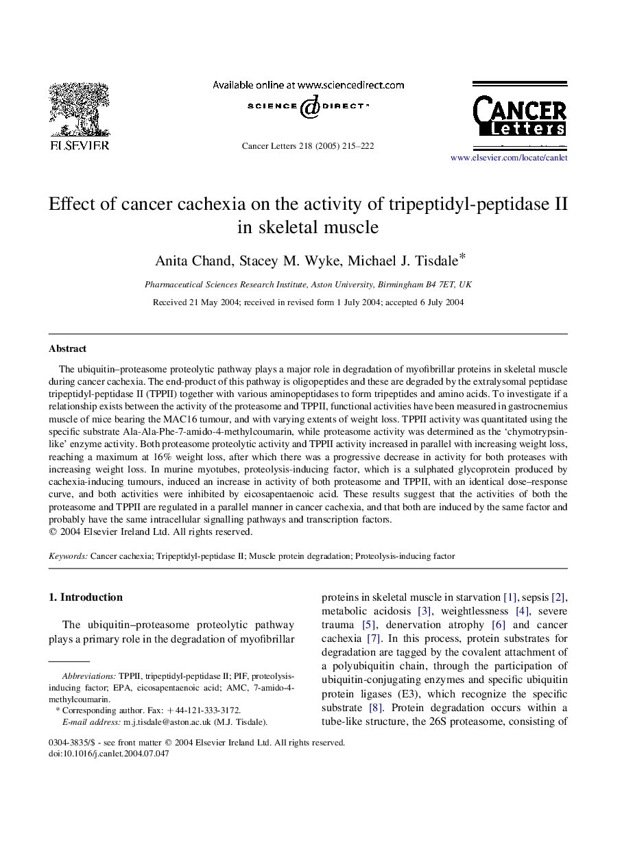 Effect of cancer cachexia on the activity of tripeptidyl-peptidase II in skeletal muscle