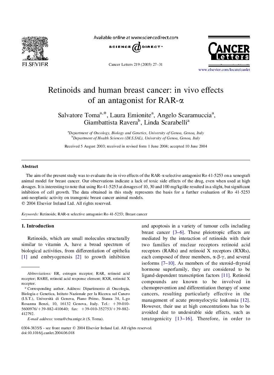 Retinoids and human breast cancer: in vivo effects of an antagonist for RAR-Î±