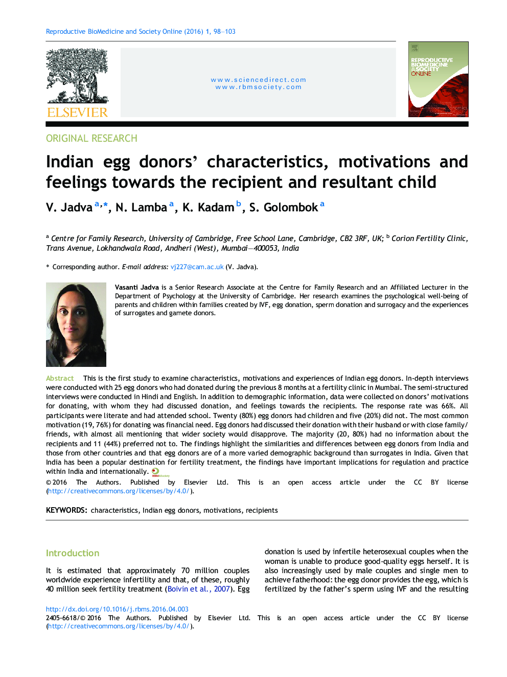 Indian egg donors' characteristics, motivations and feelings towards the recipient and resultant child