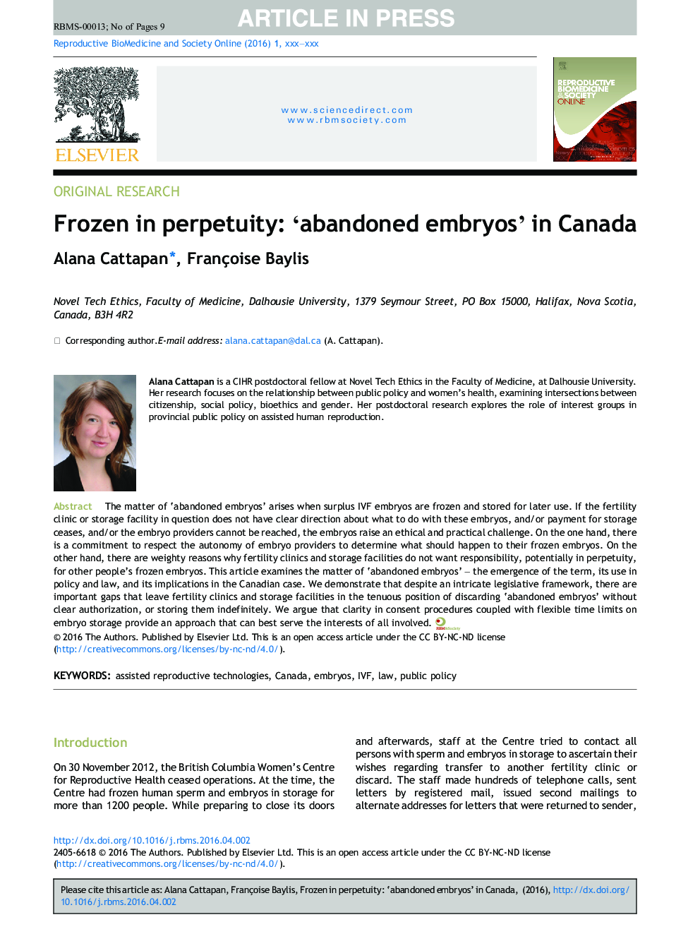 Frozen in perpetuity: ‘abandoned embryos’ in Canada