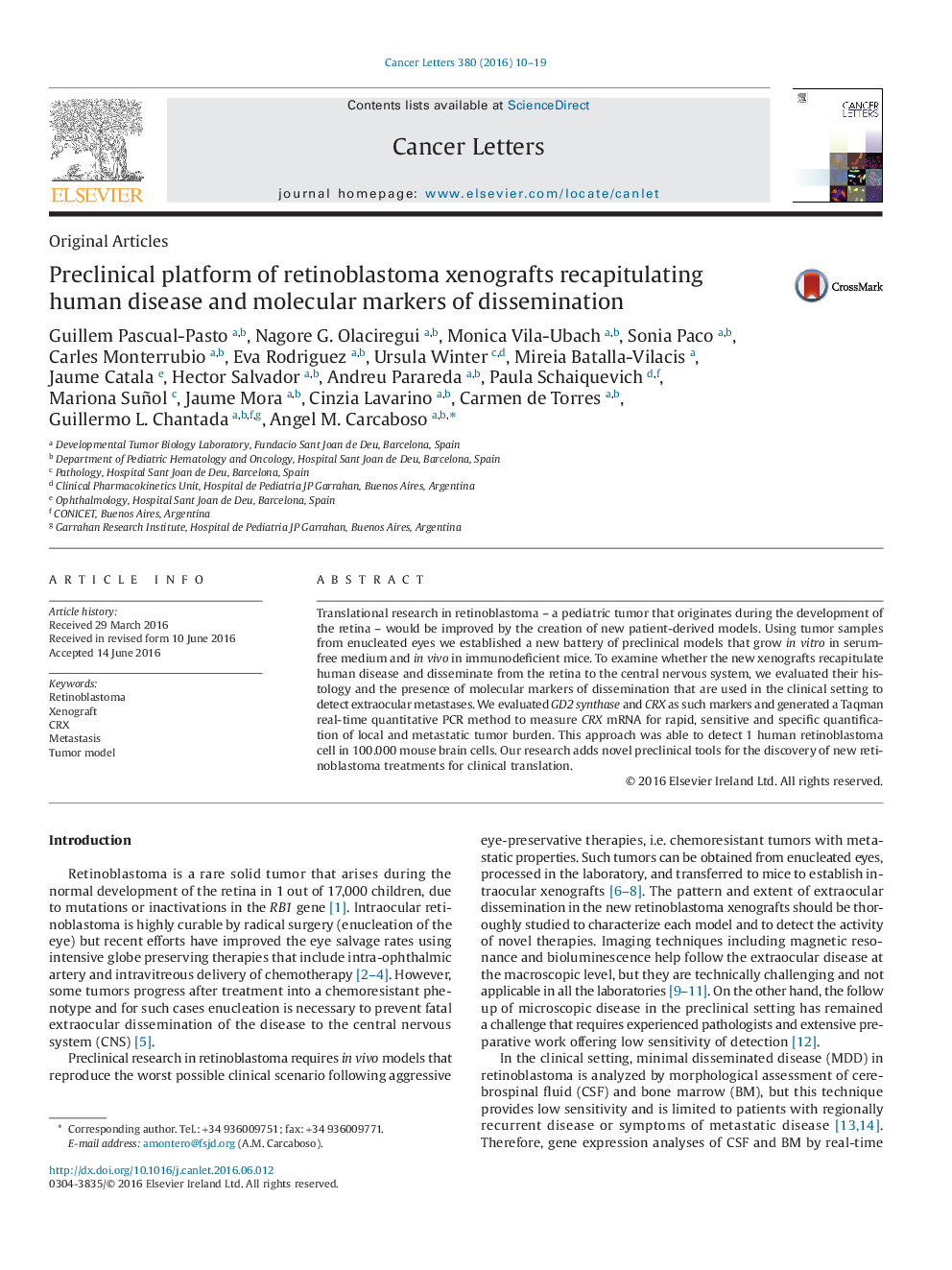 Preclinical platform of retinoblastoma xenografts recapitulating human disease and molecular markers of dissemination