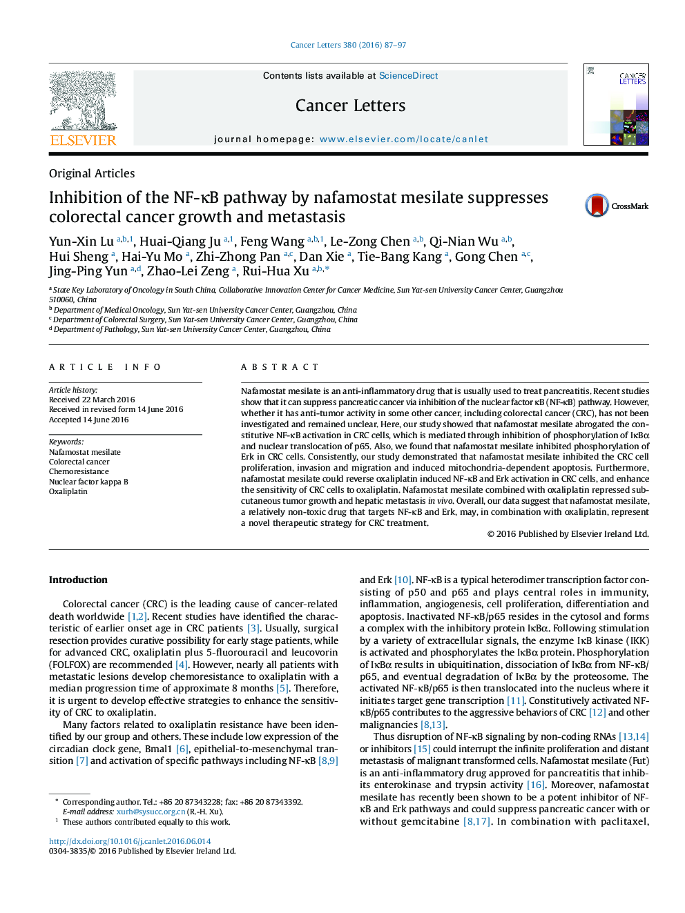 Inhibition of the NF-ÎºB pathway by nafamostat mesilate suppresses colorectal cancer growth and metastasis