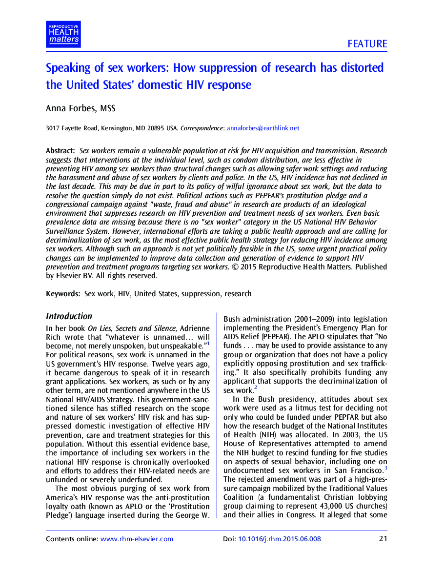 Speaking of sex workers: How suppression of research has distorted the United States' domestic HIV response ★