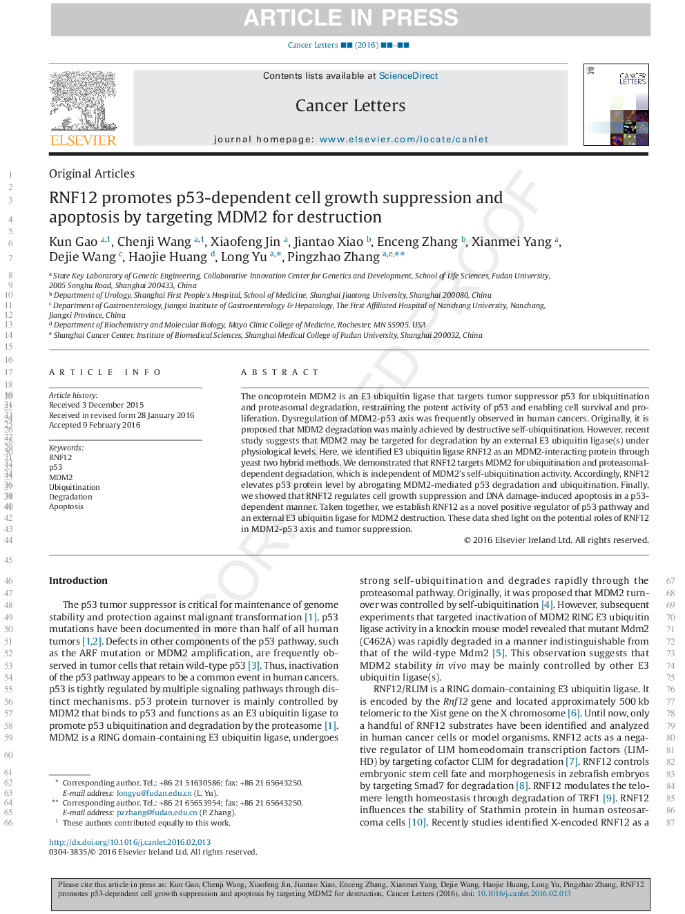 RNF12 promotes p53-dependent cell growth suppression and apoptosis by targeting MDM2 for destruction