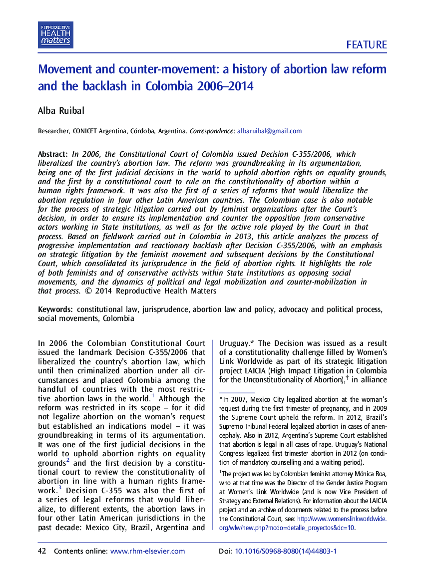 Movement and counter-movement: a history of abortion law reform and the backlash in Colombia 2006–2014