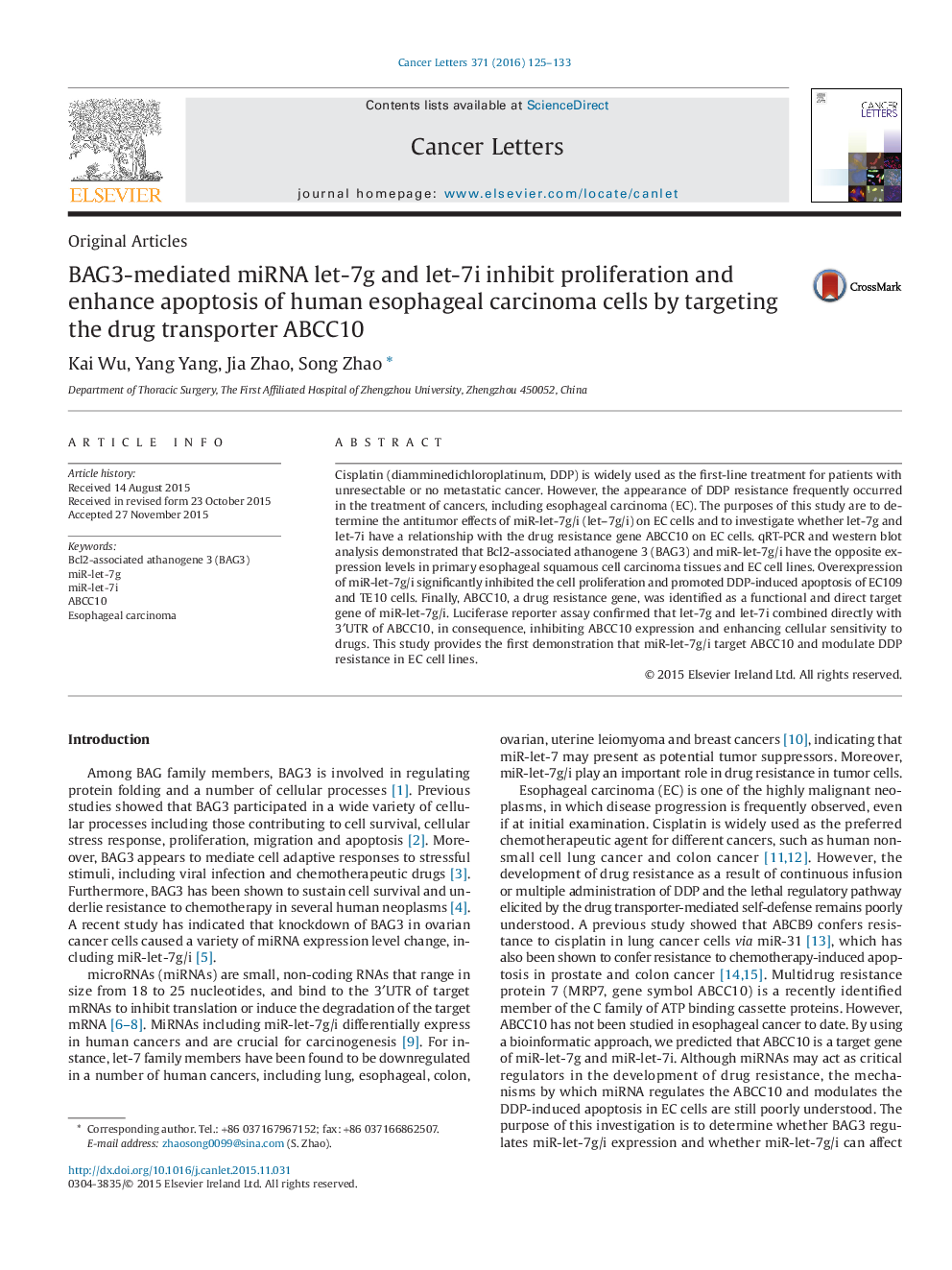 BAG3-mediated miRNA let-7g and let-7i inhibit proliferation and enhance apoptosis of human esophageal carcinoma cells by targeting the drug transporter ABCC10