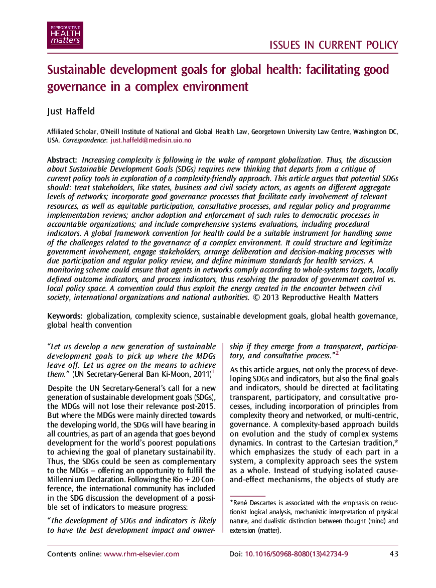 Sustainable development goals for global health: facilitating good governance in a complex environment