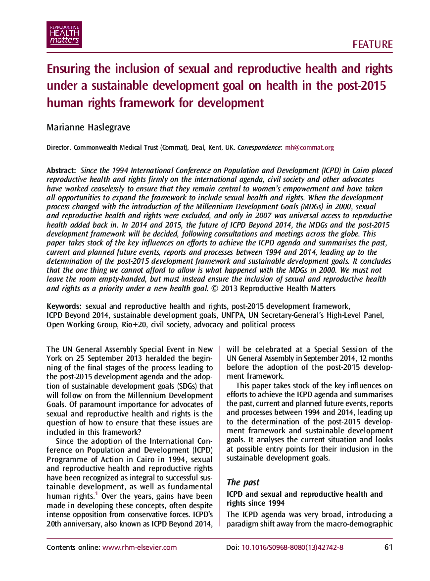 Ensuring the inclusion of sexual and reproductive health and rights under a sustainable development goal on health in the post-2015 human rights framework for development