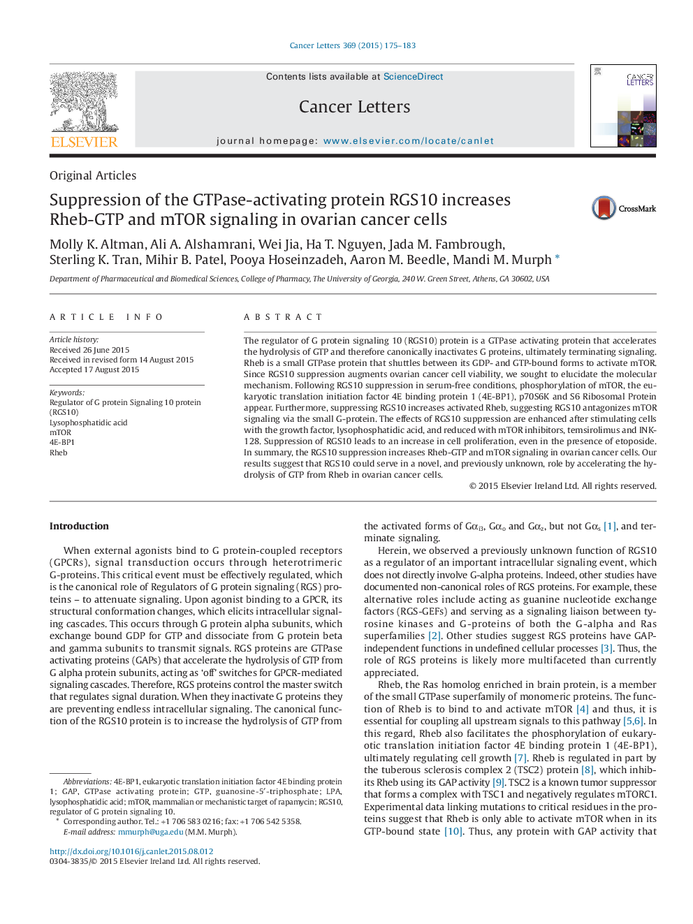 Suppression of the GTPase-activating protein RGS10 increases Rheb-GTP and mTOR signaling in ovarian cancer cells