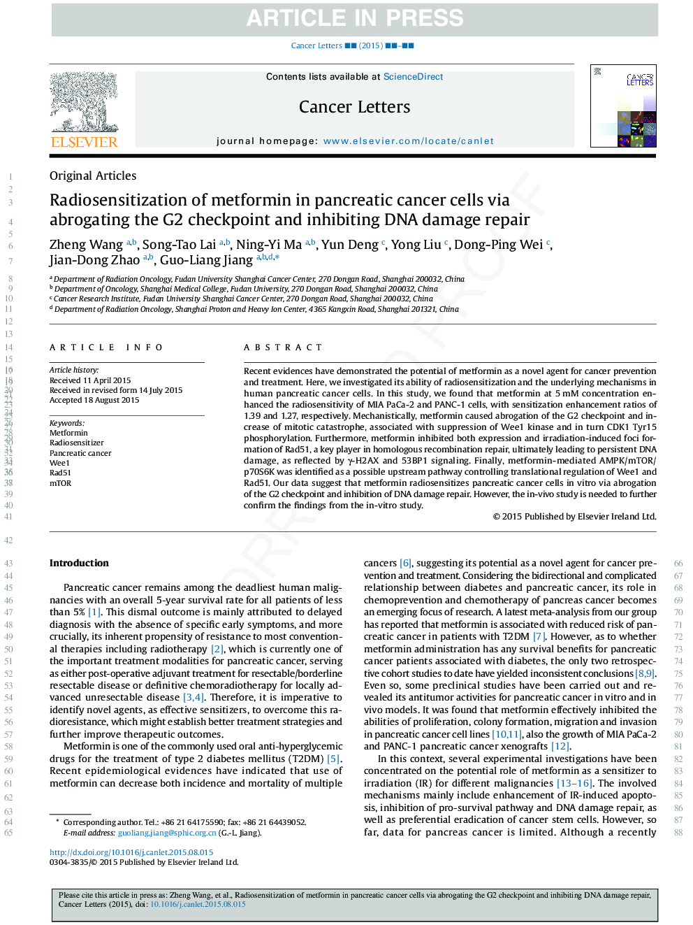 Radiosensitization of metformin in pancreatic cancer cells via abrogating the G2 checkpoint and inhibiting DNA damage repair