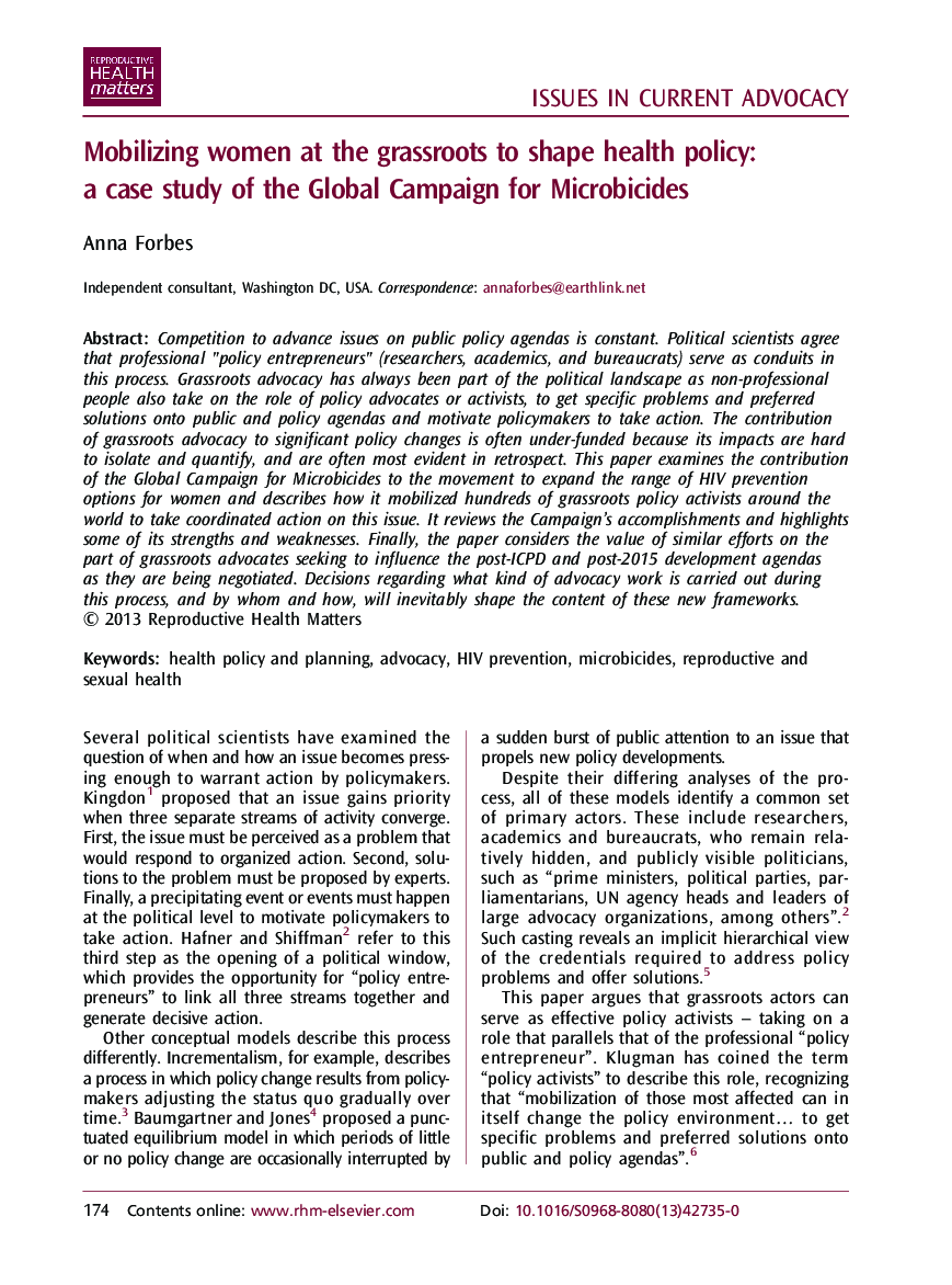 Mobilizing women at the grassroots to shape health policy: a case study of the Global Campaign for Microbicides