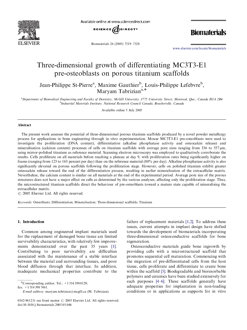 Three-dimensional growth of differentiating MC3T3-E1 pre-osteoblasts on porous titanium scaffolds