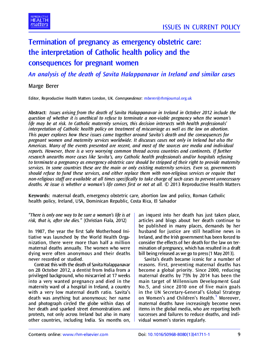 Termination of pregnancy as emergency obstetric care: the interpretation of Catholic health policy and the consequences for pregnant women: An analysis of the death of Savita Halappanavar in Ireland and similar cases