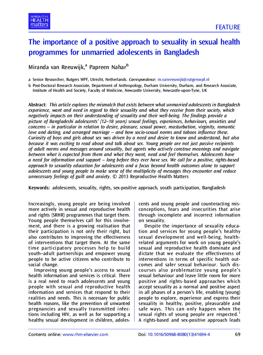 The importance of a positive approach to sexuality in sexual health programmes for unmarried adolescents in Bangladesh