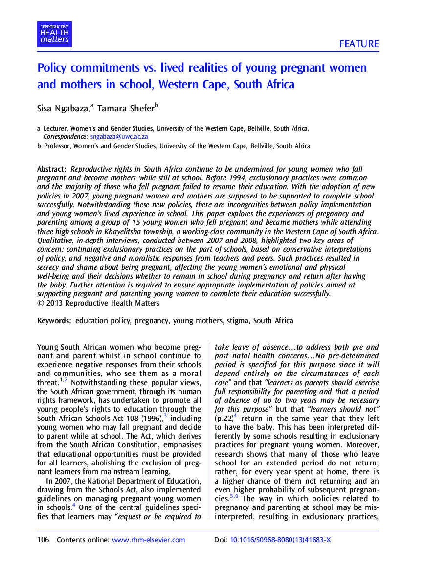 Policy commitments vs. lived realities of young pregnant women and mothers in school, Western Cape, South Africa