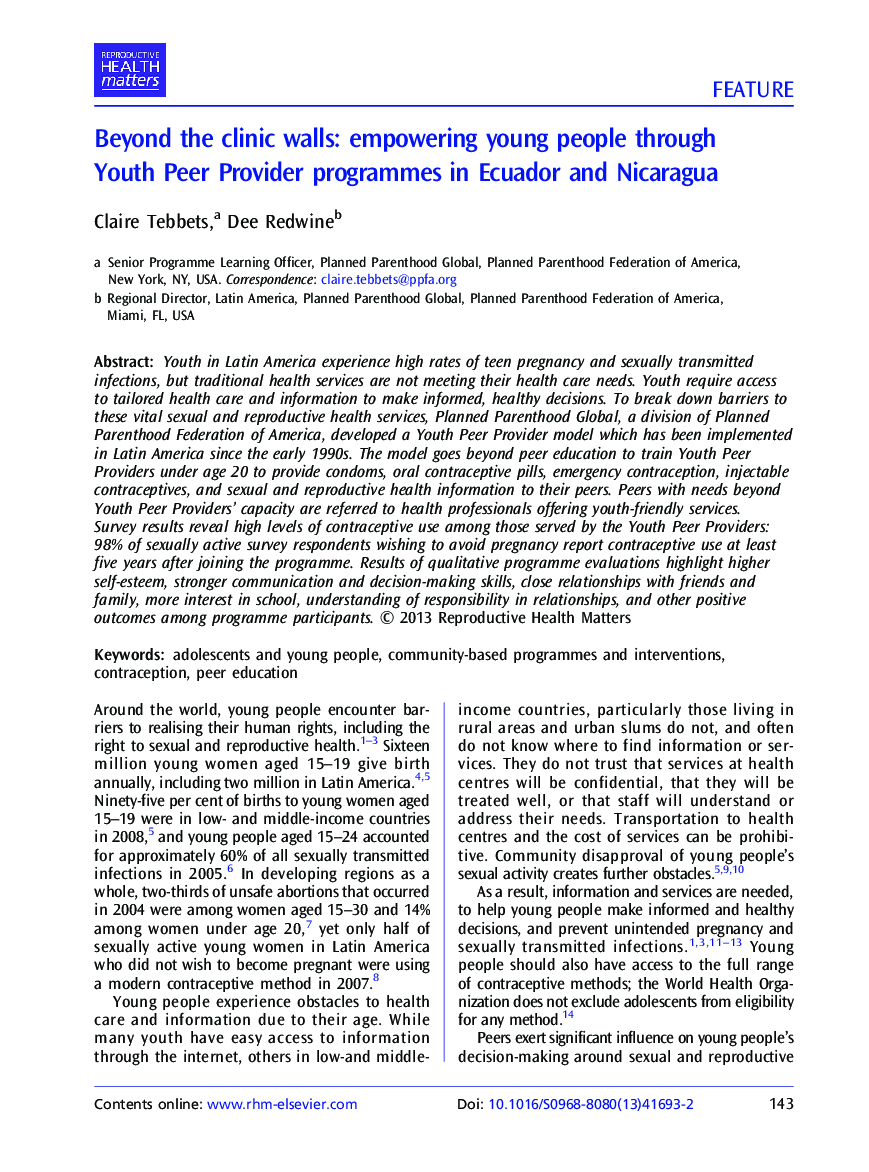 Beyond the clinic walls: empowering young people through Youth Peer Provider programmes in Ecuador and Nicaragua