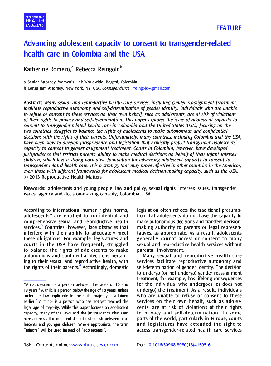 Advancing adolescent capacity to consent to transgender-related health care in Colombia and the USA