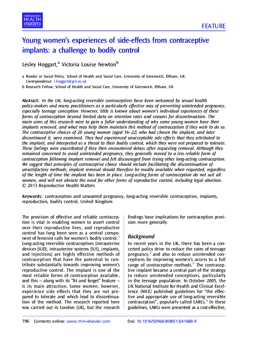 Young women's experiences of side-effects from contraceptive implants: a challenge to bodily control