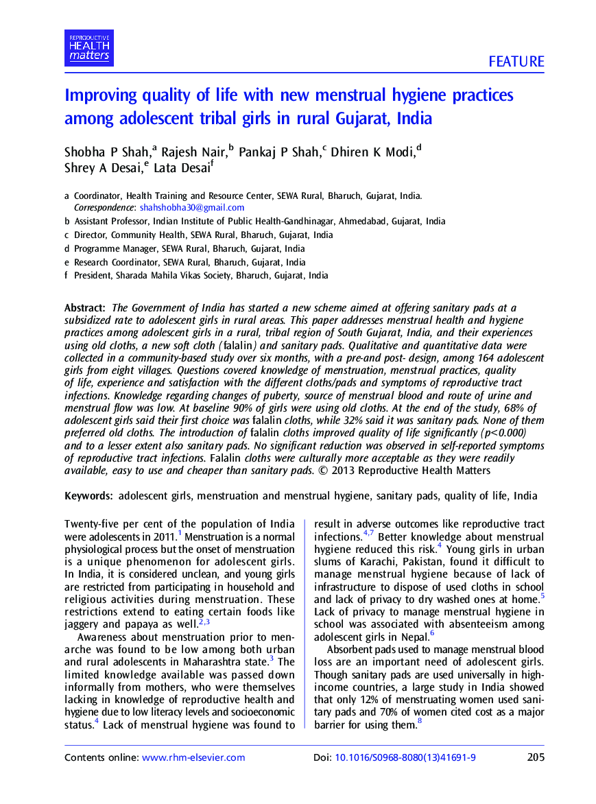 Improving quality of life with new menstrual hygiene practices among adolescent tribal girls in rural Gujarat, India