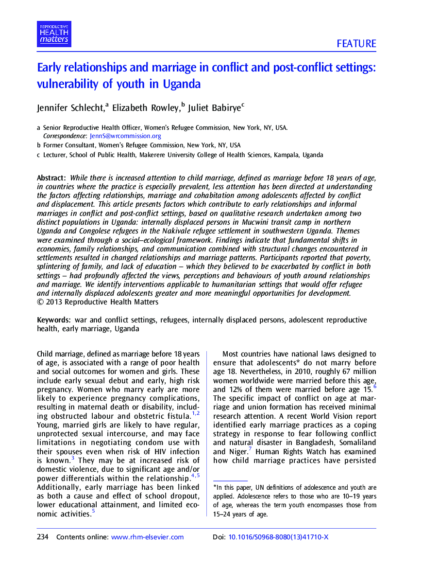 Early relationships and marriage in conflict and post-conflict settings: vulnerability of youth in Uganda