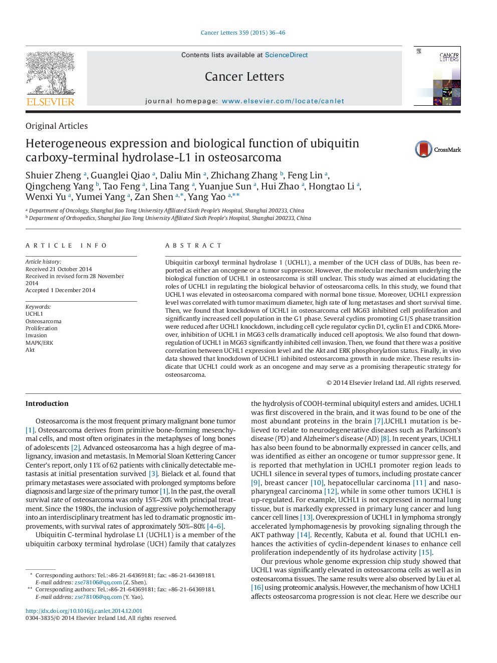 Heterogeneous expression and biological function of ubiquitin carboxy-terminal hydrolase-L1 in osteosarcoma