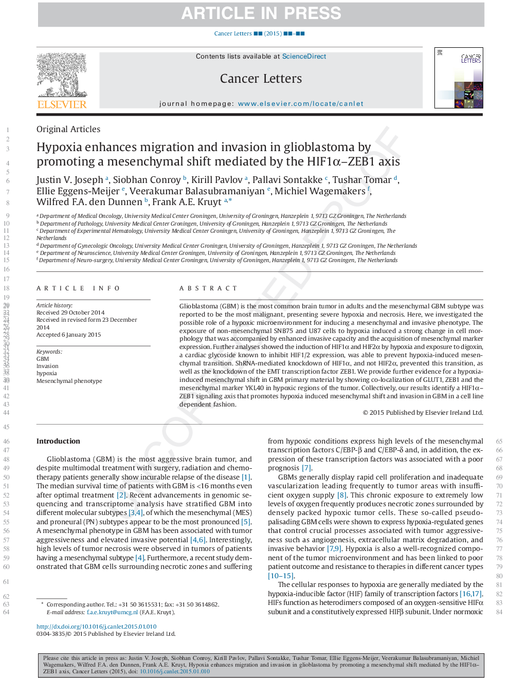 Hypoxia enhances migration and invasion in glioblastoma by promoting a mesenchymal shift mediated by the HIF1Î±-ZEB1 axis