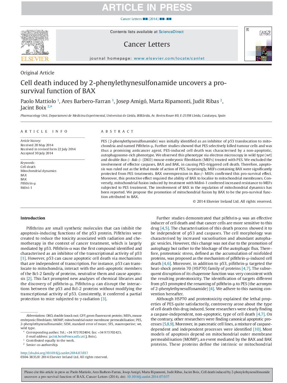 Cell death induced by 2-phenylethynesulfonamide uncovers a pro-survival function of BAX