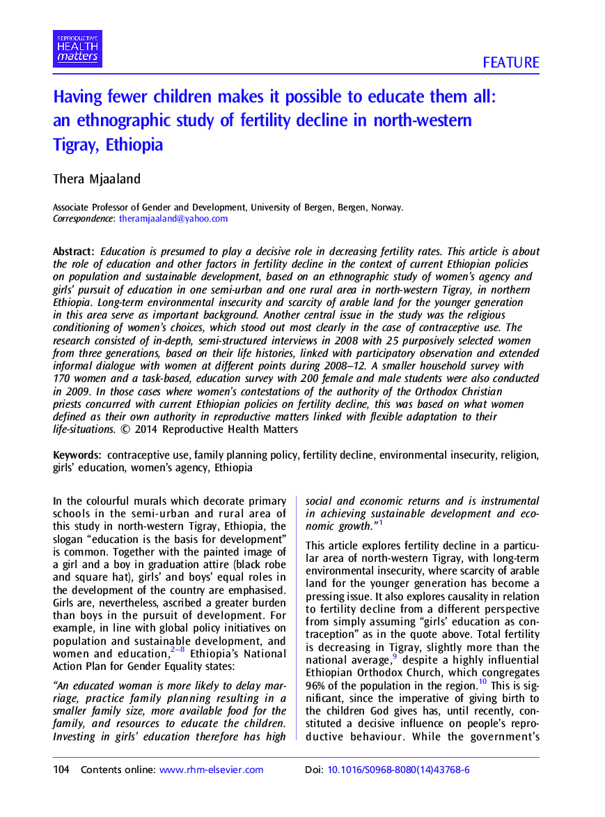 Having fewer children makes it possible to educate them all: an ethnographic study of fertility decline in north-western Tigray, Ethiopia