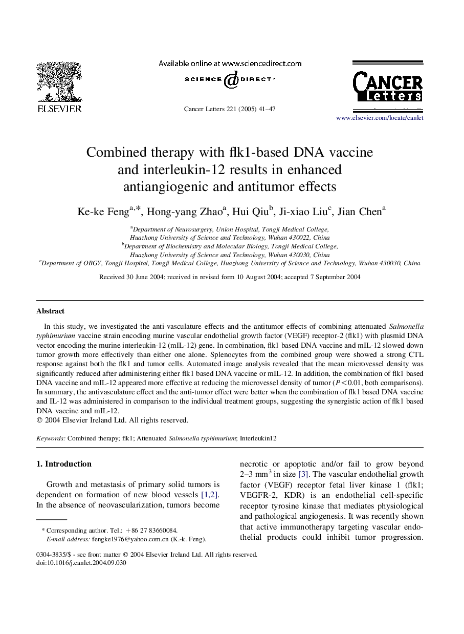 Combined therapy with flk1-based DNA vaccine and interleukin-12 results in enhanced antiangiogenic and antitumor effects