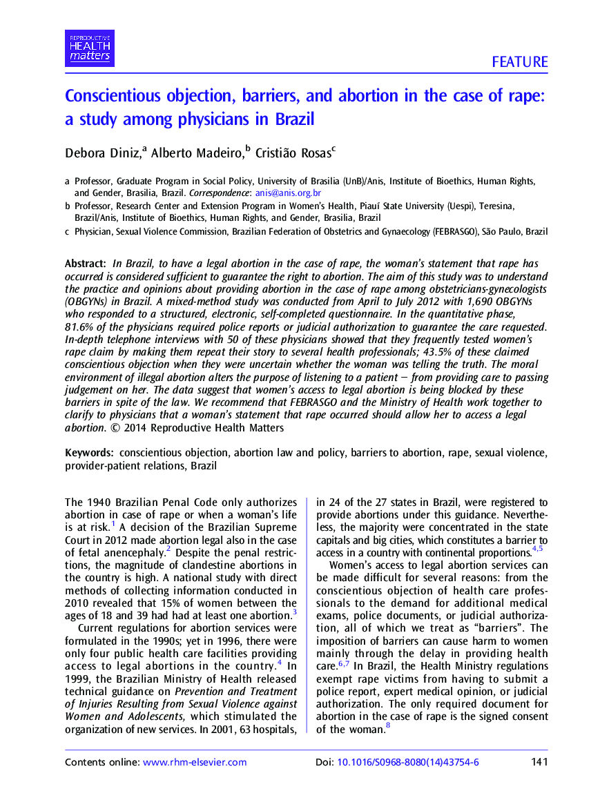 Conscientious objection, barriers, and abortion in the case of rape: a study among physicians in Brazil