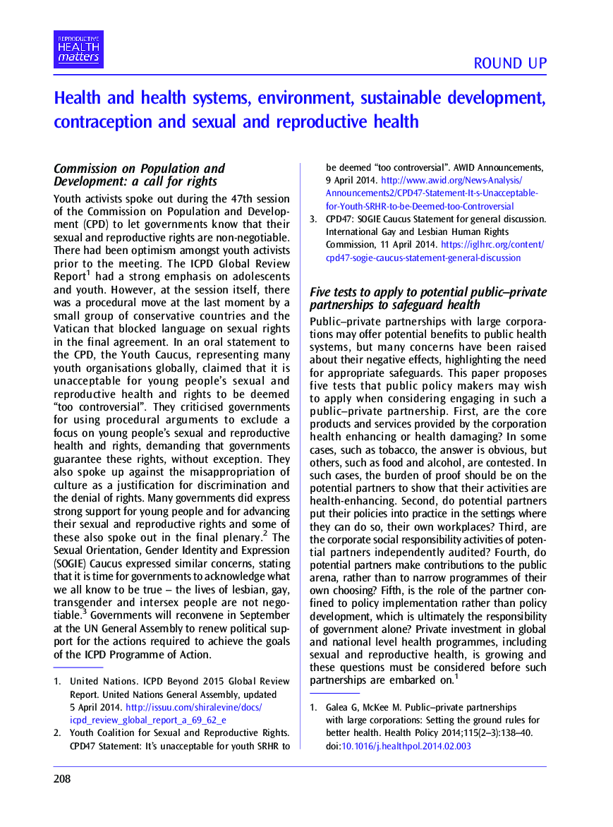 Round Up: Health and health systems, environment, sustainable development, contraception and sexual and reproductive health