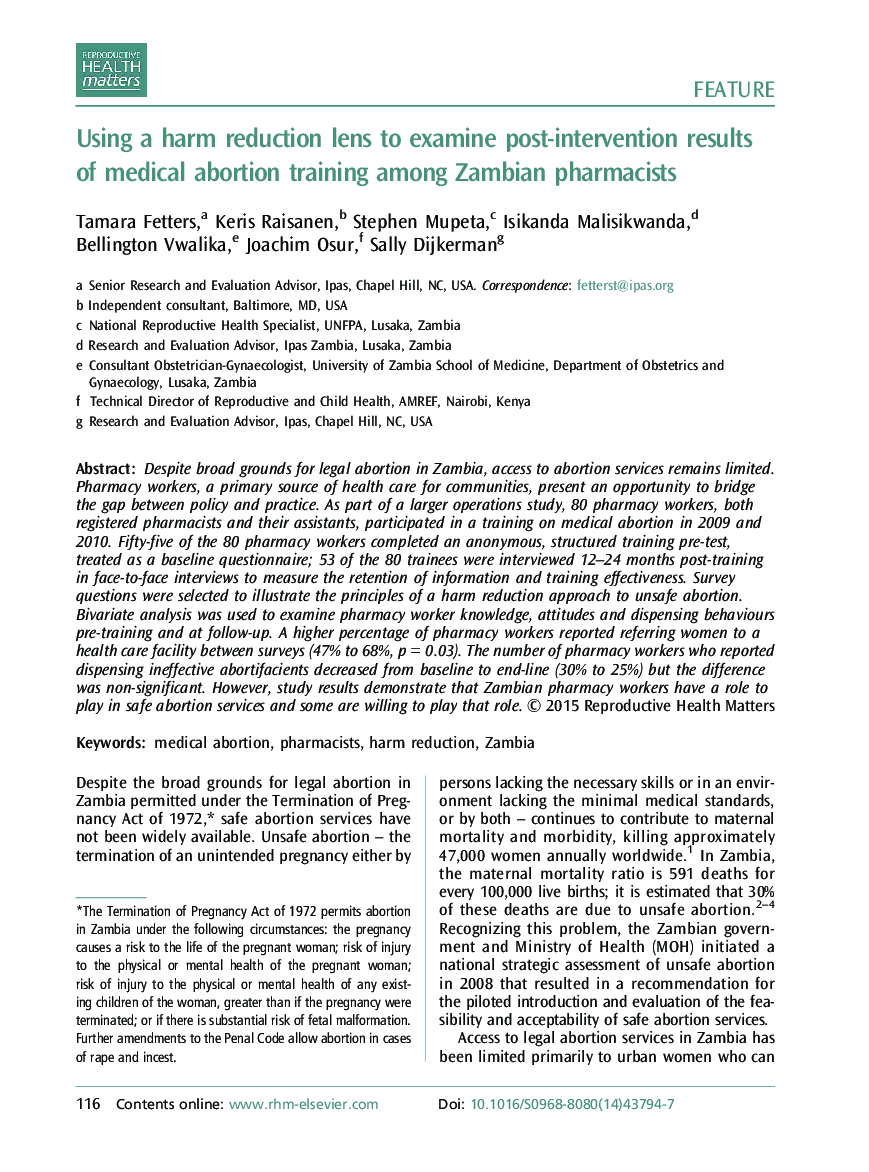 Using a harm reduction lens to examine
 post-intervention results of medical abortion training among Zambian
 pharmacists