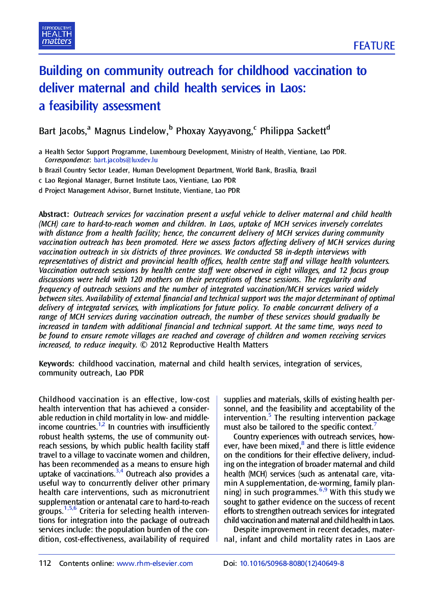 Building on community outreach for childhood vaccination to deliver maternal and child health services in Laos: a feasibility assessment