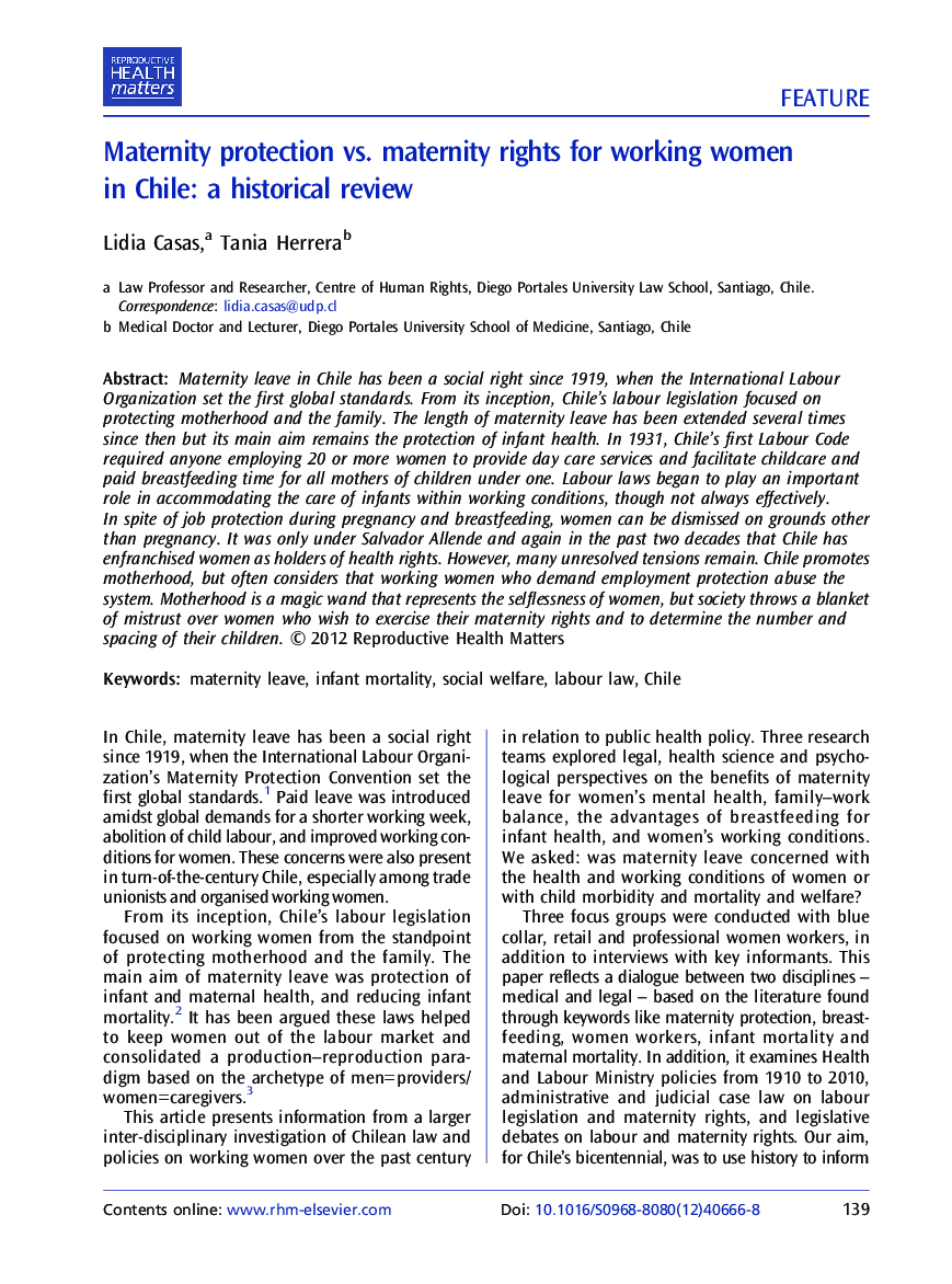 Maternity protection vs. maternity rights for working women in Chile: a historical review