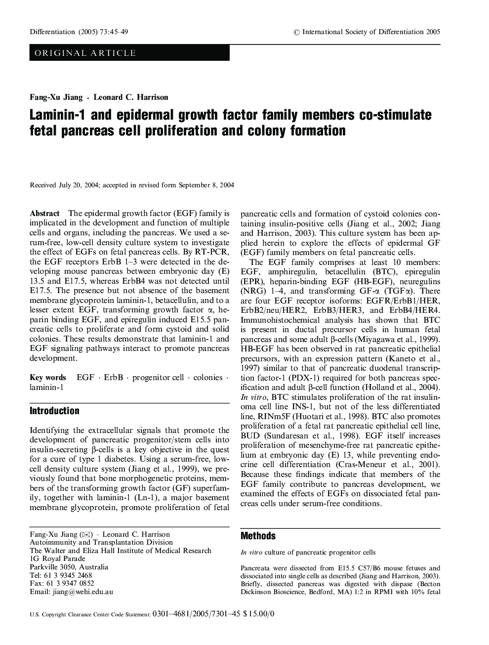 Laminin-1 and epidermal growth factor family members co-stimulate fetal pancreas cell proliferation and colony formation