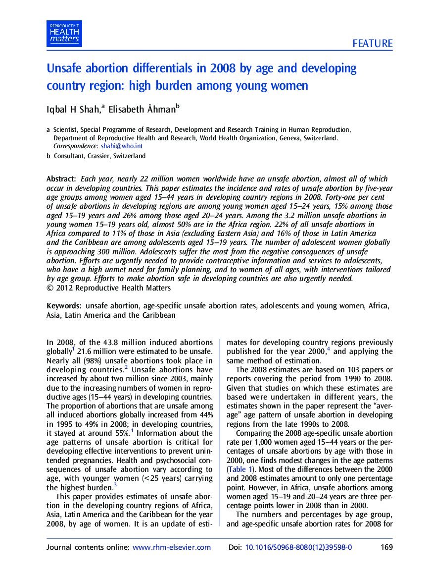 Unsafe abortion differentials in 2008 by age and developing country region: high burden among young women