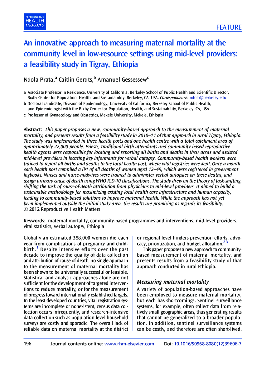 An innovative approach to measuring maternal mortality at the community level in low-resource settings using mid-level providers: a feasibility study in Tigray, Ethiopia