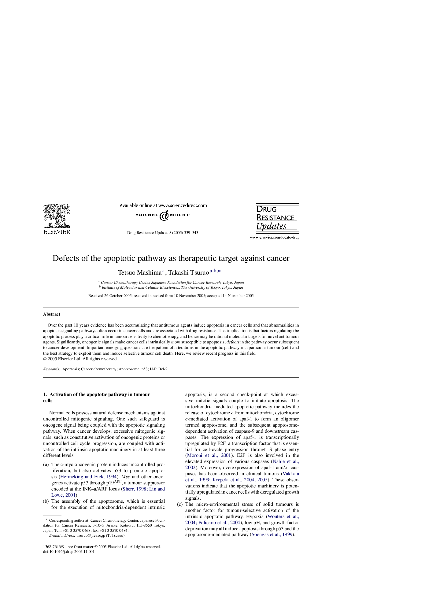 Defects of the apoptotic pathway as therapeutic target against cancer