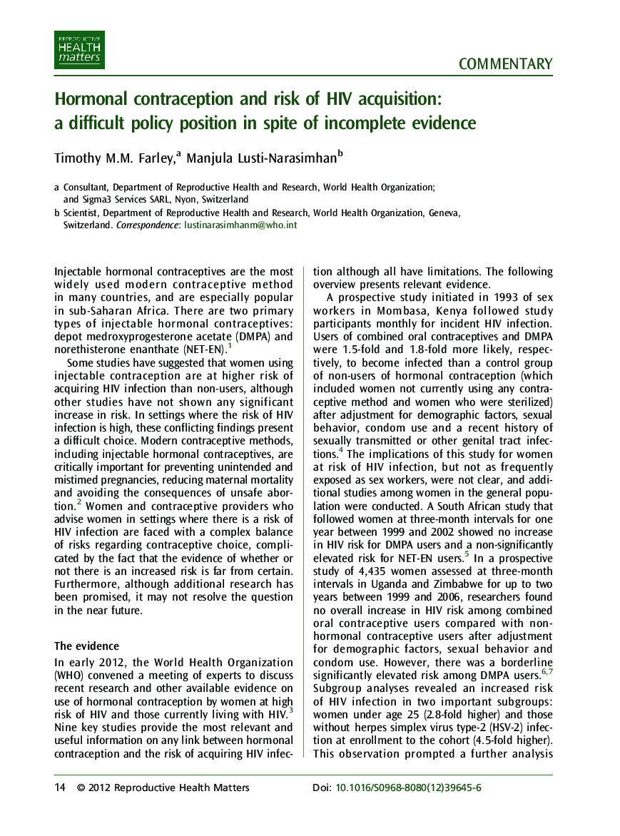 Hormonal contraception and risk of HIV acquisition: a difficult policy position in spite of incomplete evidence