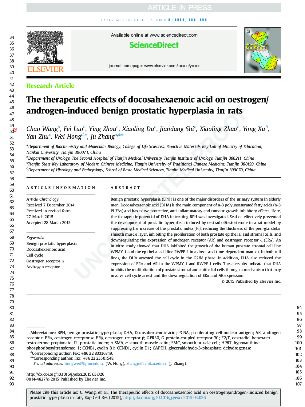 The therapeutic effects of docosahexaenoic acid on oestrogen/androgen-induced benign prostatic hyperplasia in rats