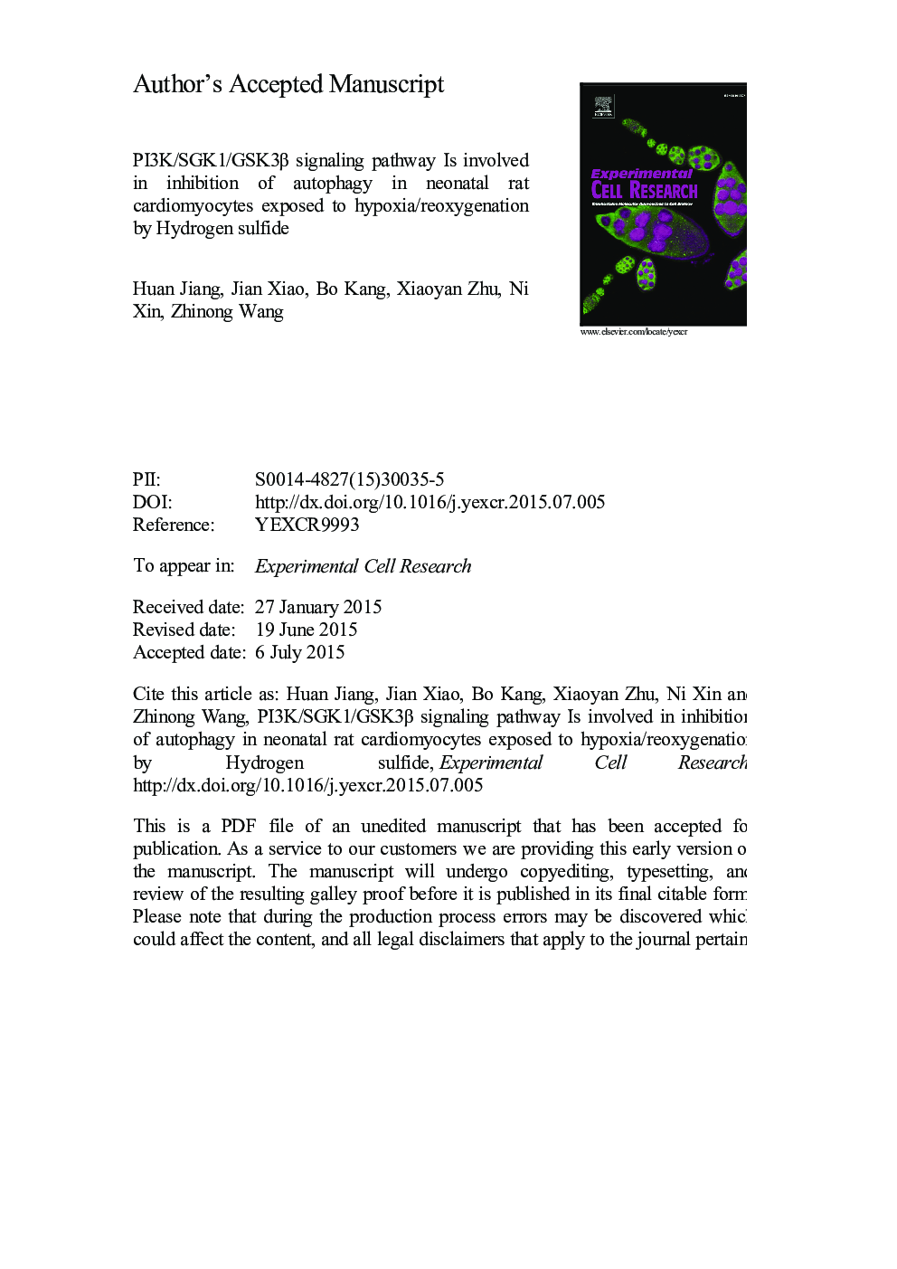 PI3K/SGK1/GSK3Î² signaling pathway is involved in inhibition of autophagy in neonatal rat cardiomyocytes exposed to hypoxia/reoxygenation by hydrogen sulfide