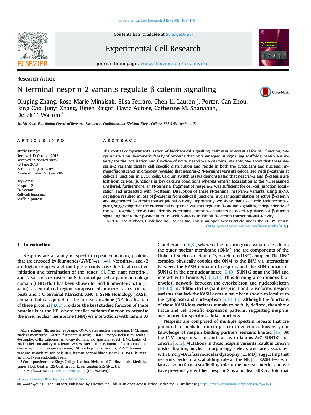 N-terminal nesprin-2 variants regulate Î²-catenin signalling