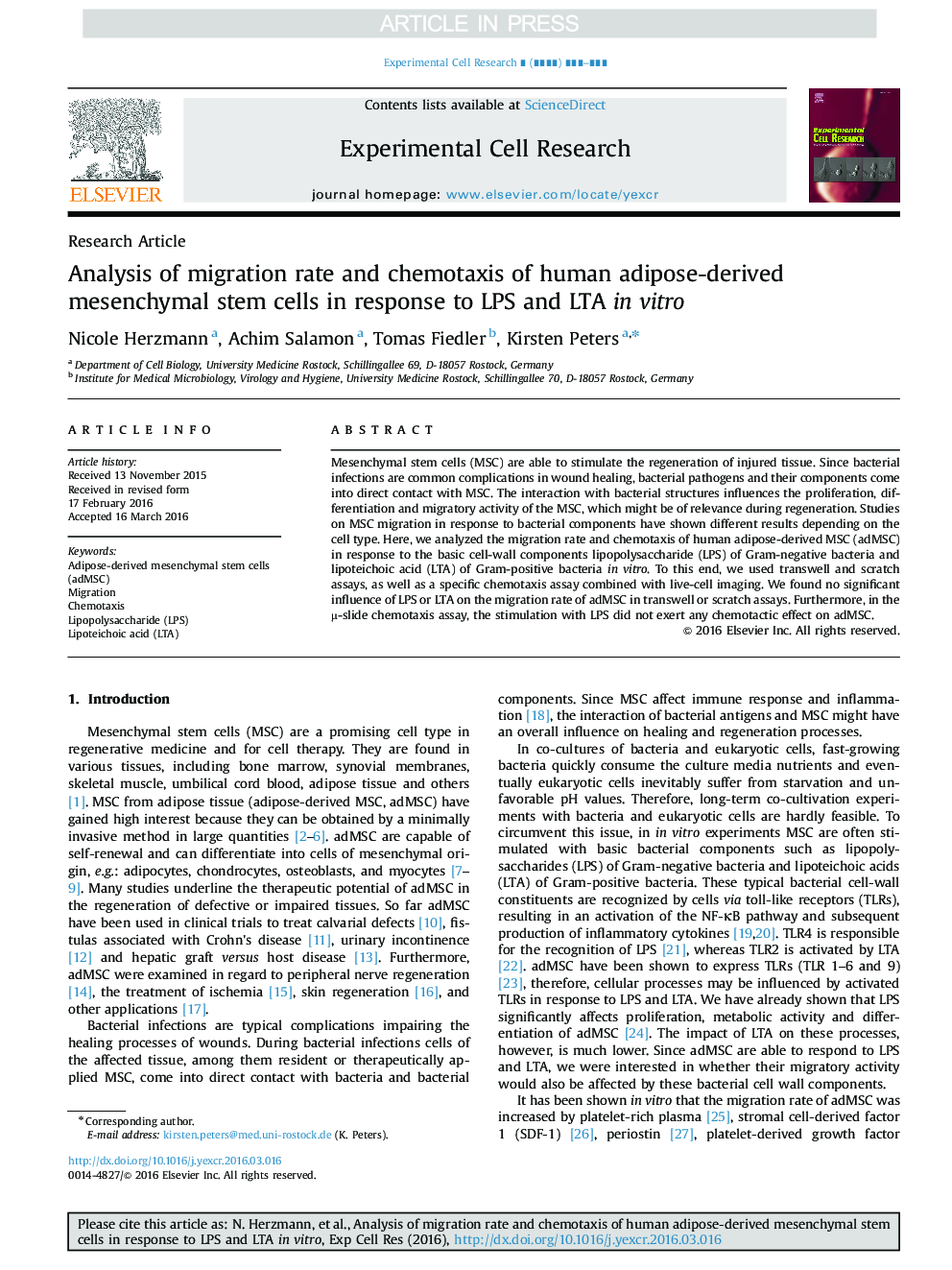 Analysis of migration rate and chemotaxis of human adipose-derived mesenchymal stem cells in response to LPS and LTA in vitro