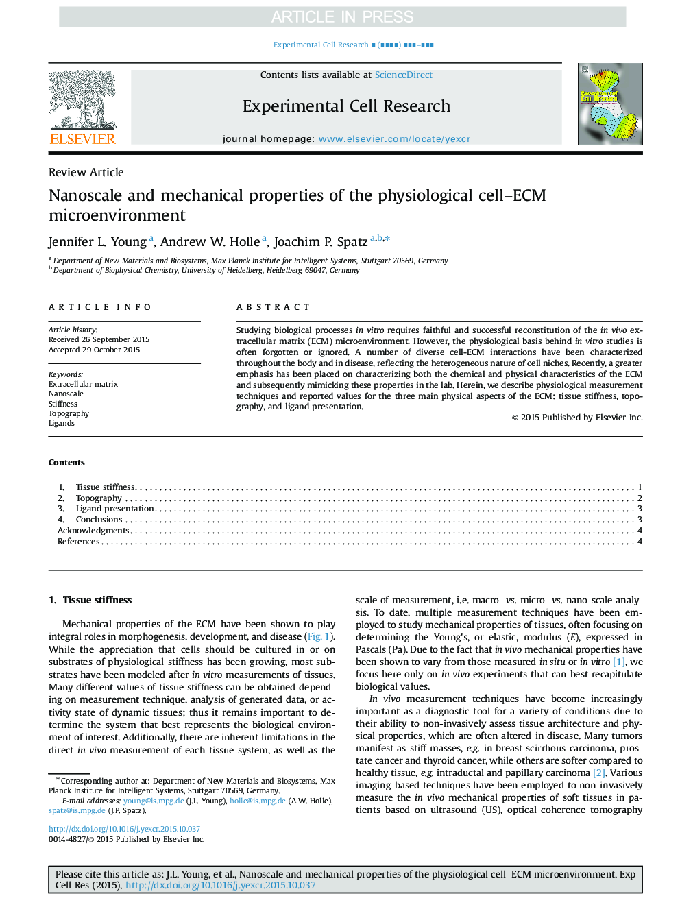 عکس صفحه اول مقاله: Nanoscale and mechanical properties of the physiological cell-ECM microenvironment Nanoscale and mechanical properties of the physiological cell-ECM microenvironment