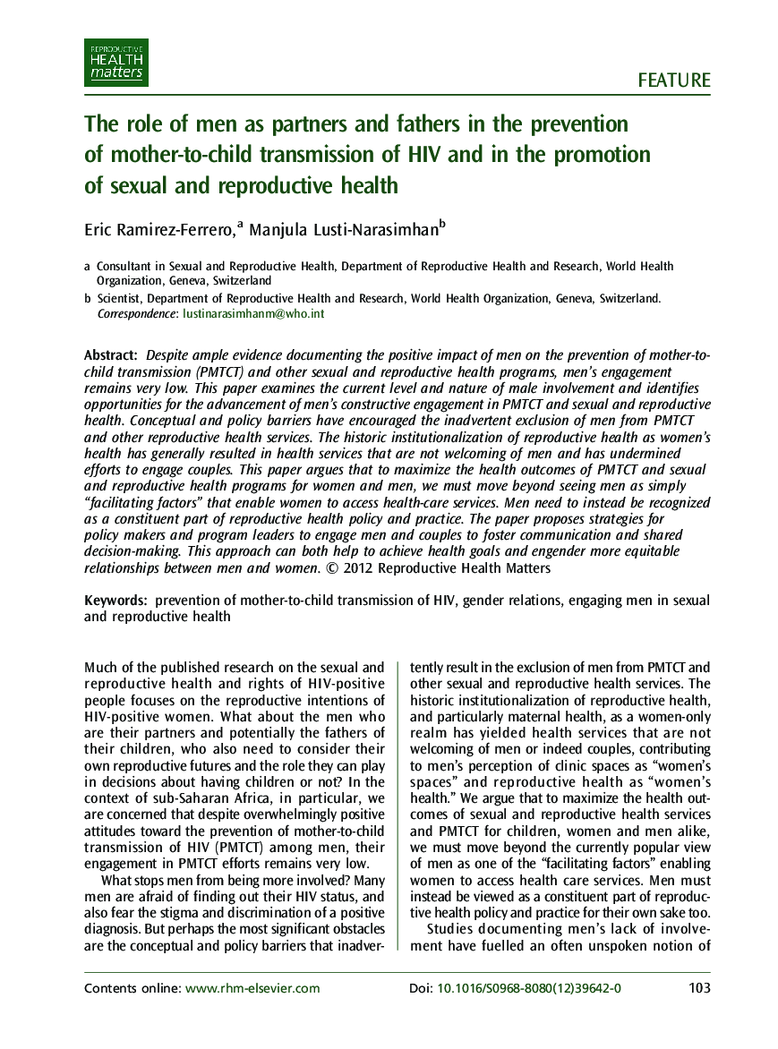 The role of men as partners and fathers in the prevention of mother-to-child transmission of HIV and in the promotion of sexual and reproductive health