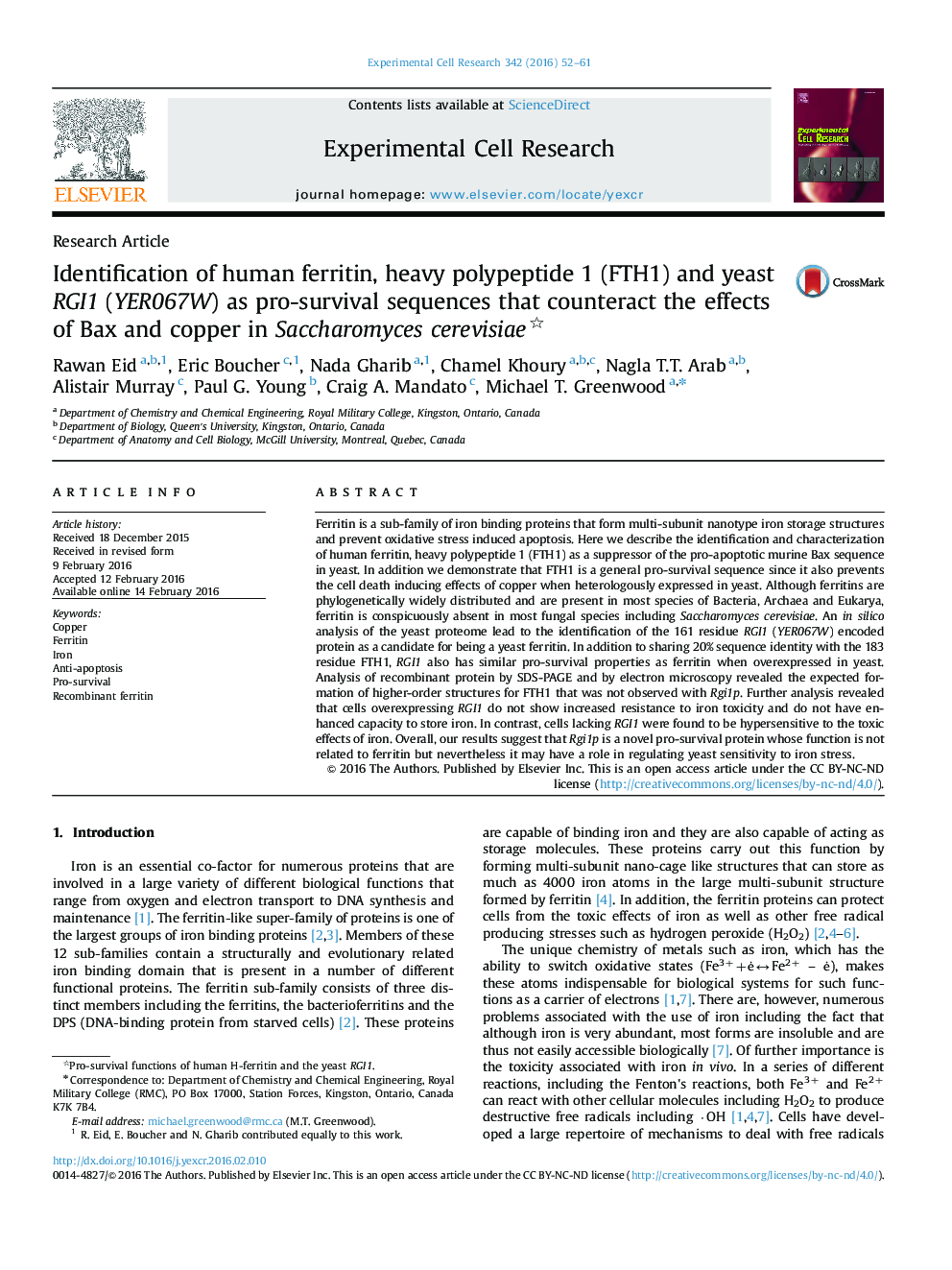 Identification of human ferritin, heavy polypeptide 1 (FTH1) and yeast RGI1 (YER067W) as pro-survival sequences that counteract the effects of Bax and copper in Saccharomyces cerevisiae