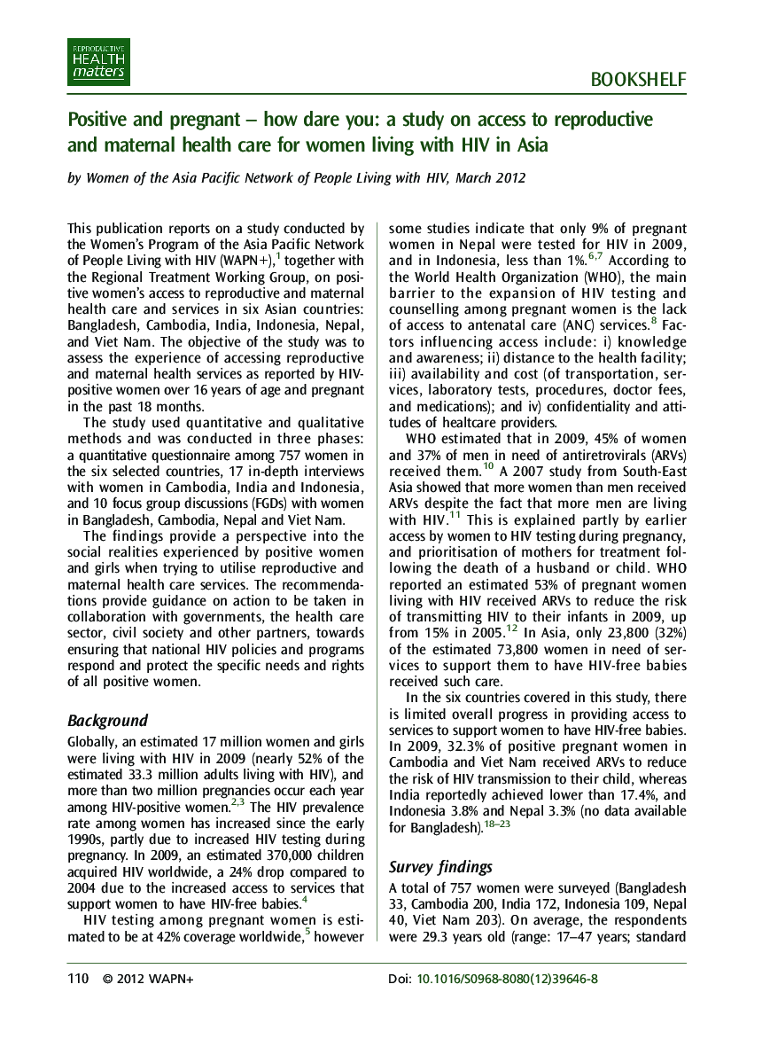 Positive and pregnant - how dare you: a study on access to reproductive and maternal health care for women living with HIV in Asia