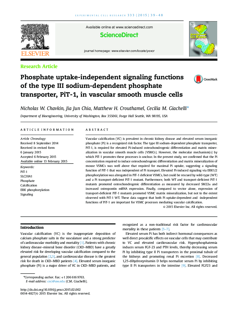 Phosphate uptake-independent signaling functions of the type III sodium-dependent phosphate transporter, PiT-1, in vascular smooth muscle cells