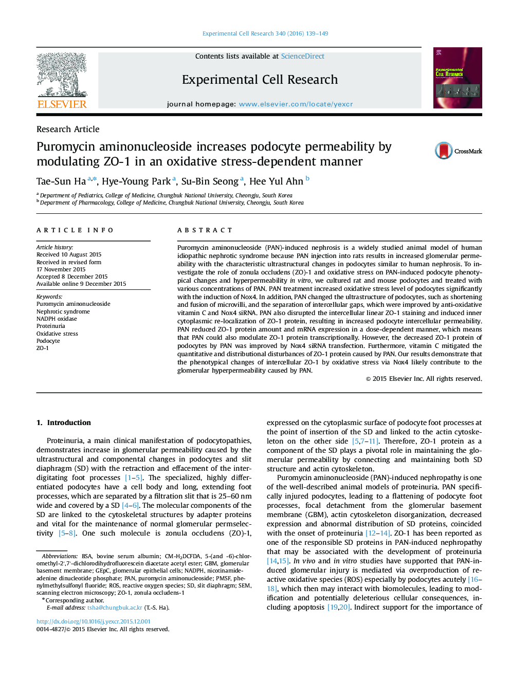 Puromycin aminonucleoside increases podocyte permeability by modulating ZO-1 in an oxidative stress-dependent manner